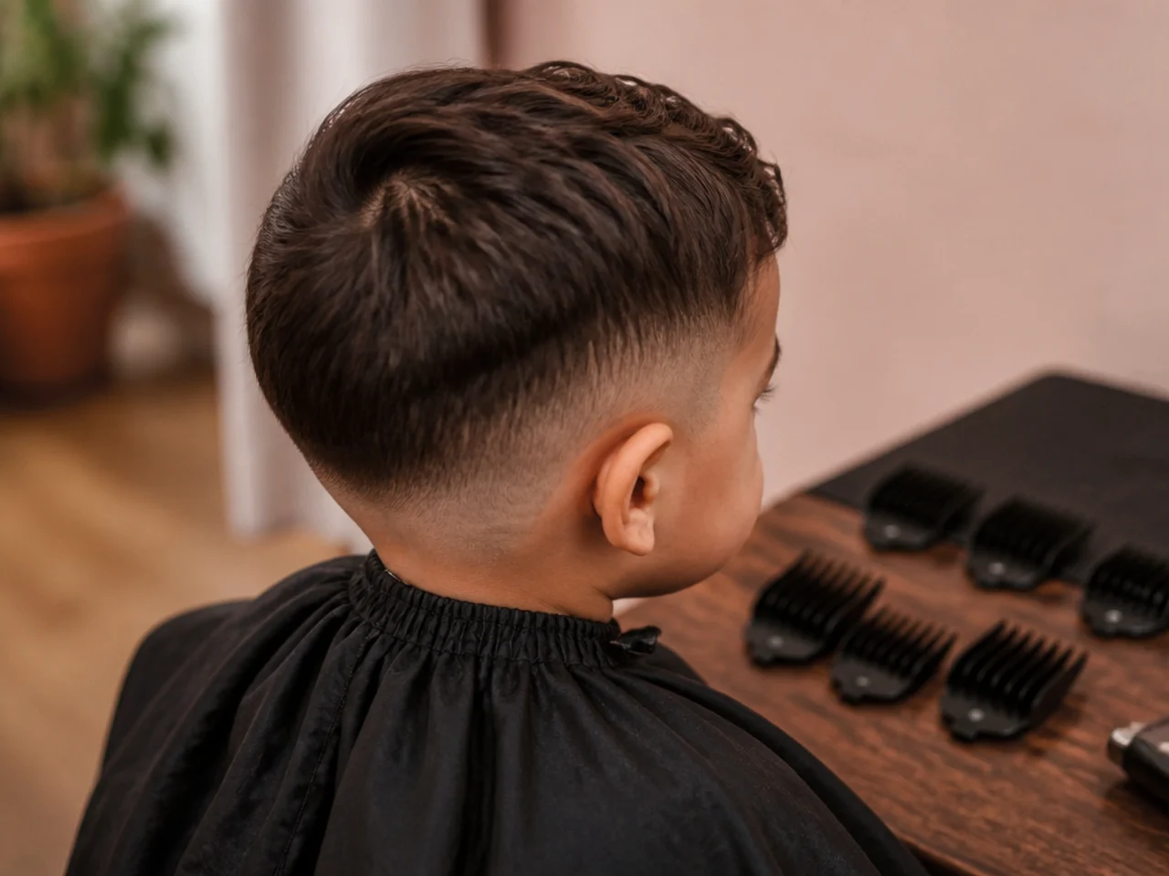 Clipper guards laid out beside a toddler's haircut cape