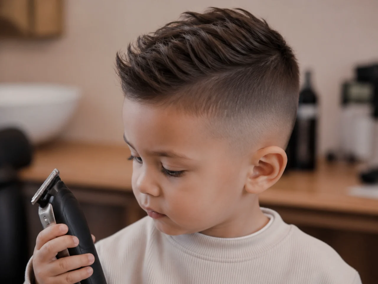A toddler holding a switched-off clipper before a short haircut