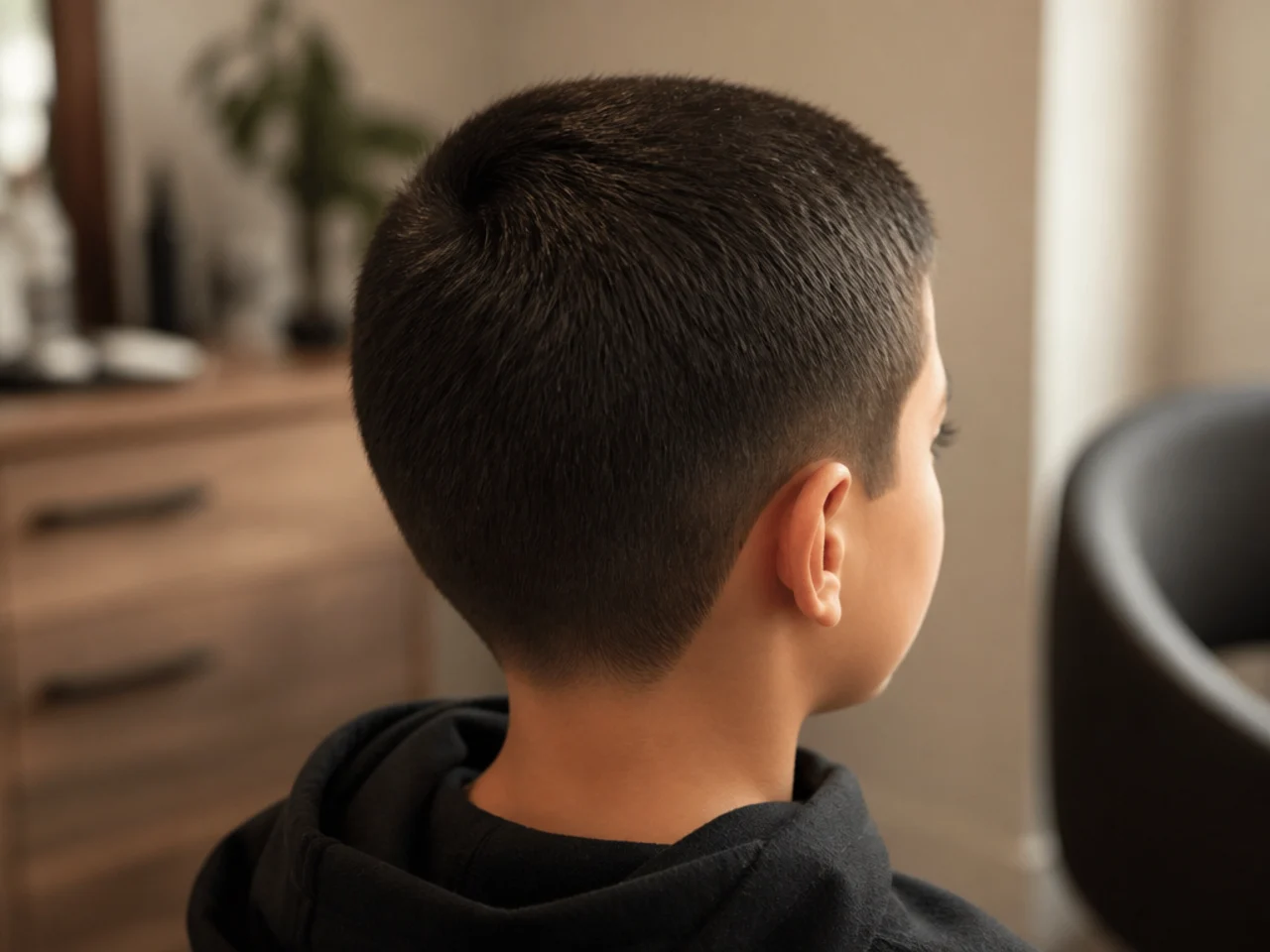 A boy with a number four butch cut