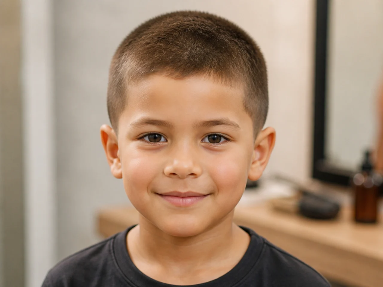 A boy with a number three cut all over