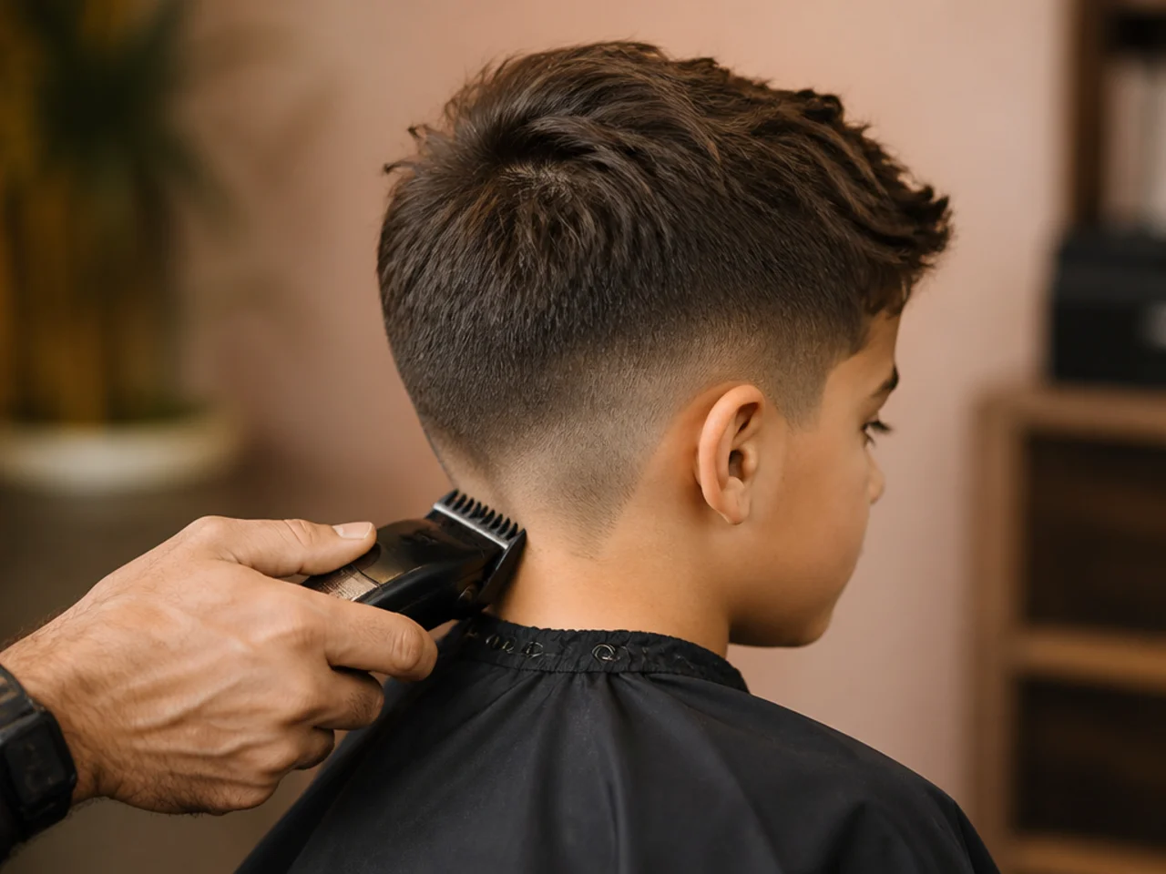 A boy having his hair cut with a clipper guard