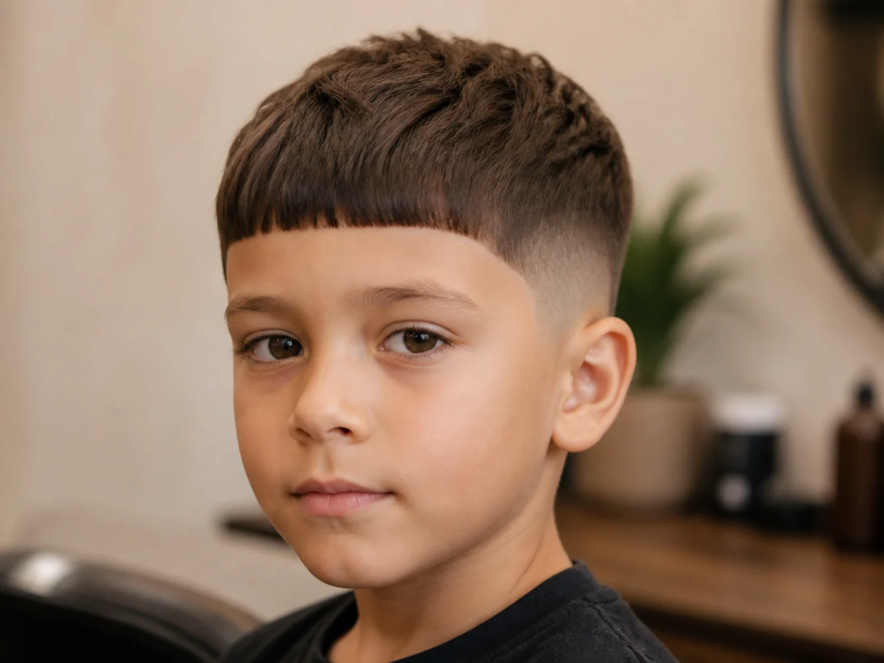 A boy with a short crop and a blunt straight fringe
