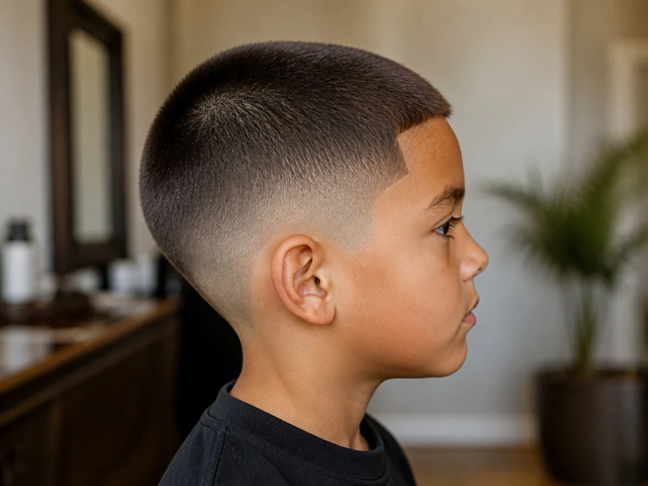 A boy with a buzz cut and a low taper
