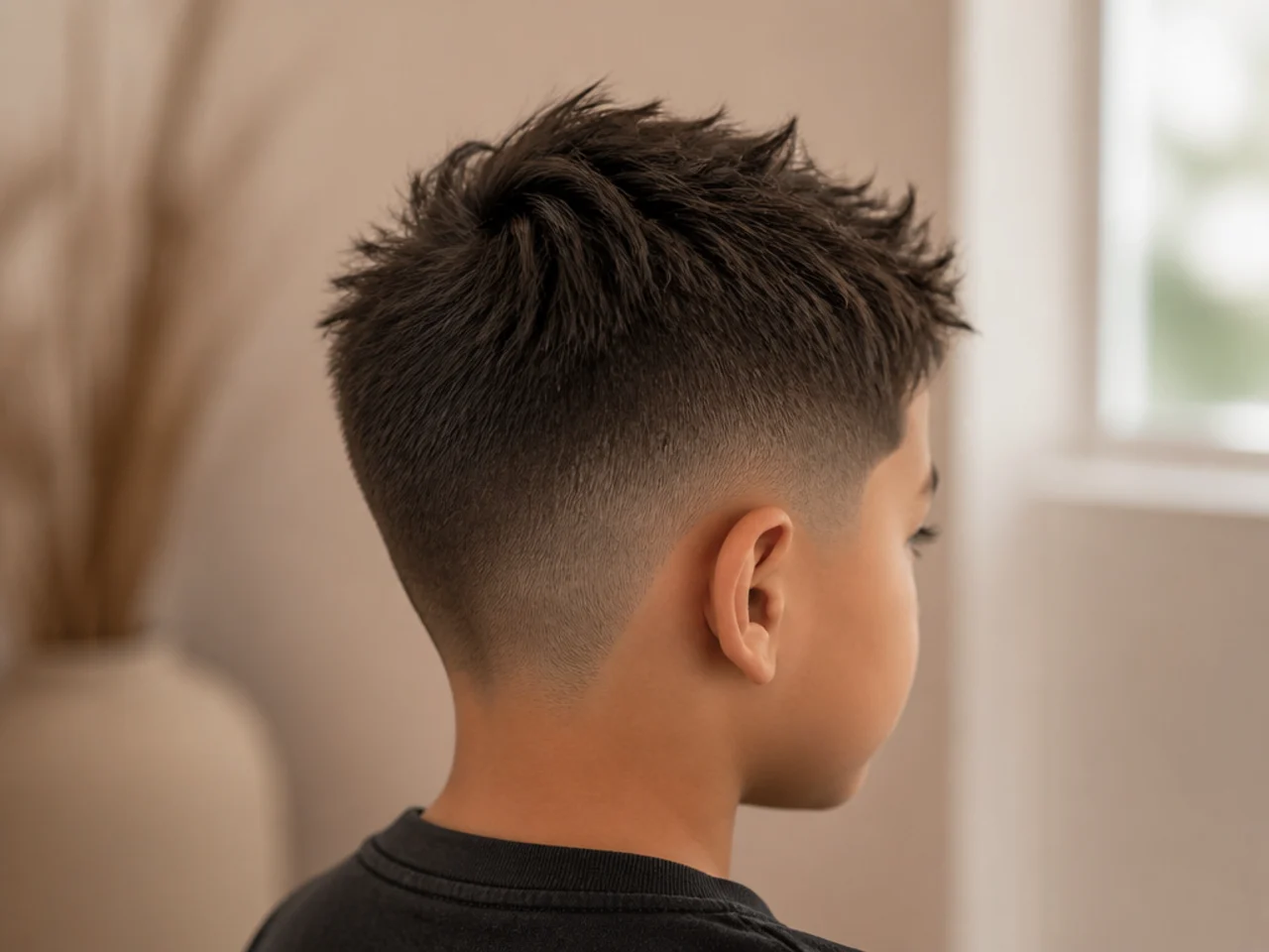 A boy with a short textured top over number two sides
