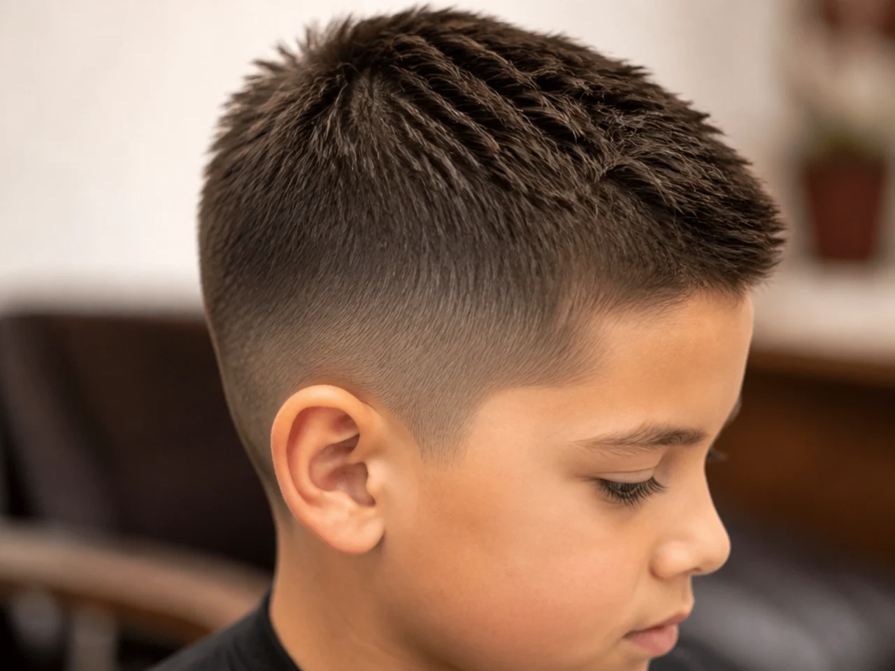 A boy with a crew cut and a scissor-blended top