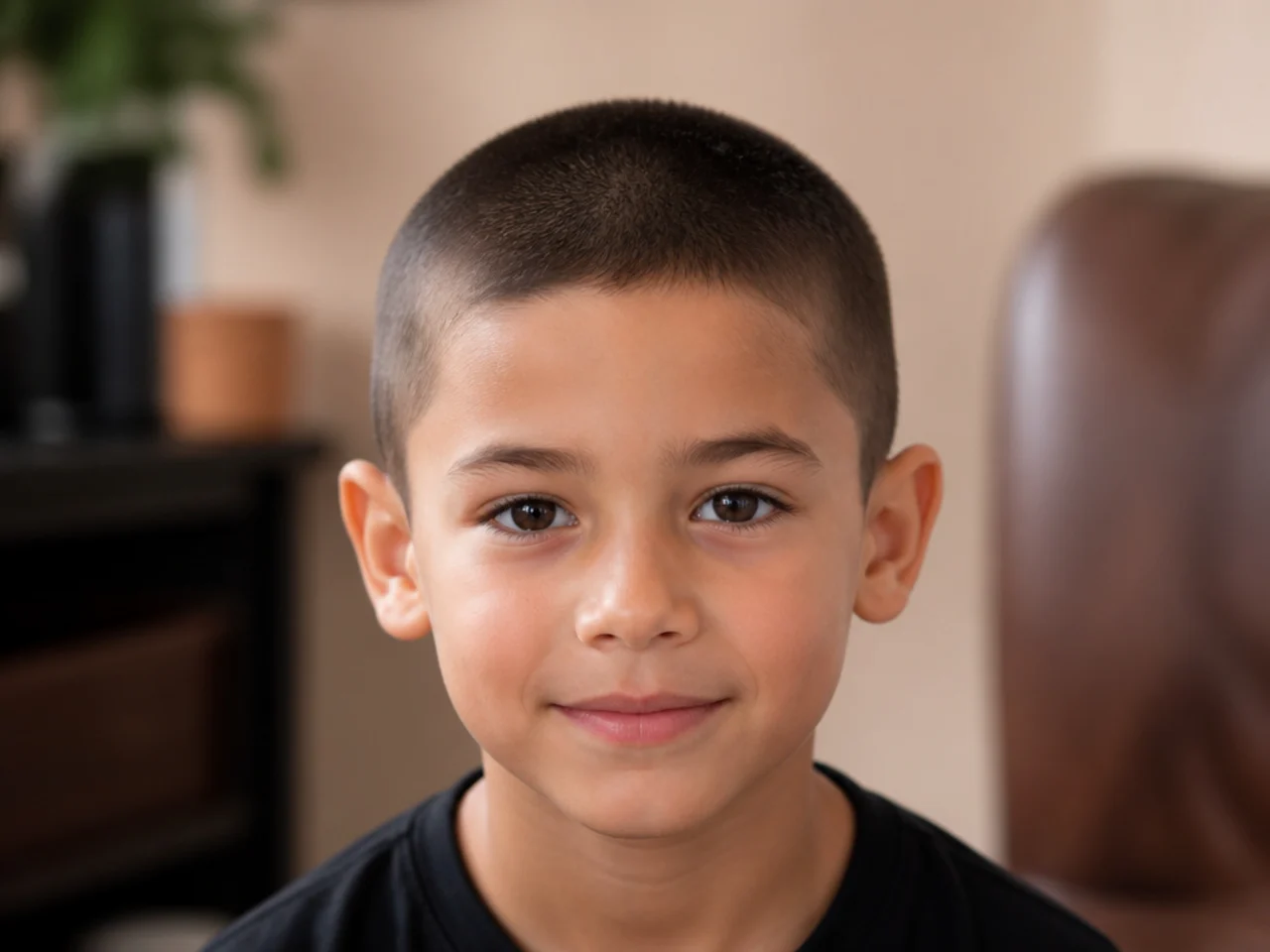 A boy with a number one buzz cut