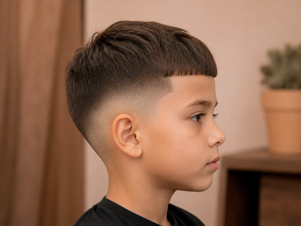 A boy with a short caesar cut and a straight fringe