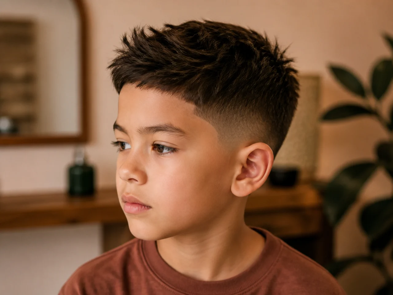 Side view of a boy's short tapered haircut