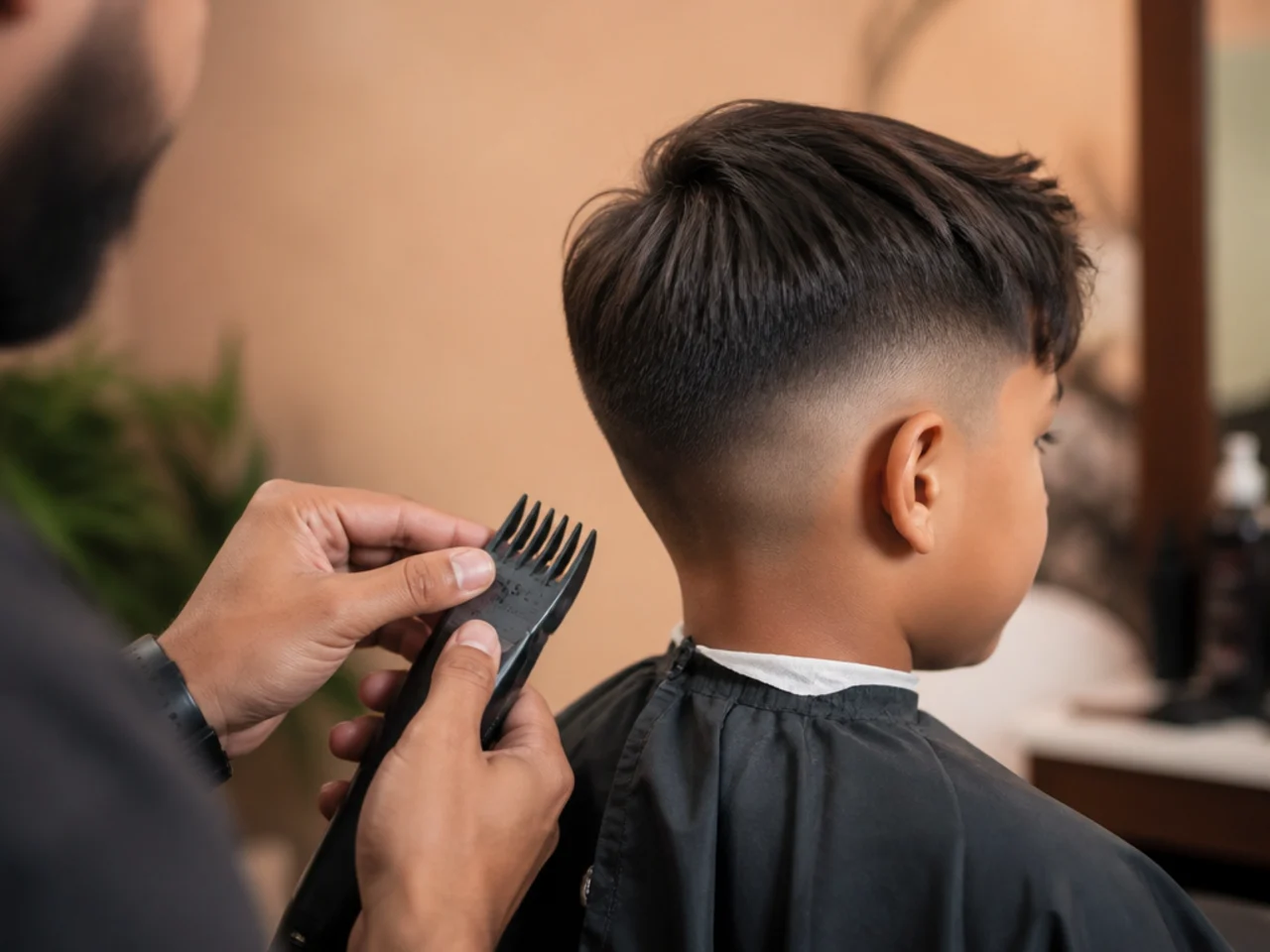 A barber attaching a clipper guard before a boy's haircut