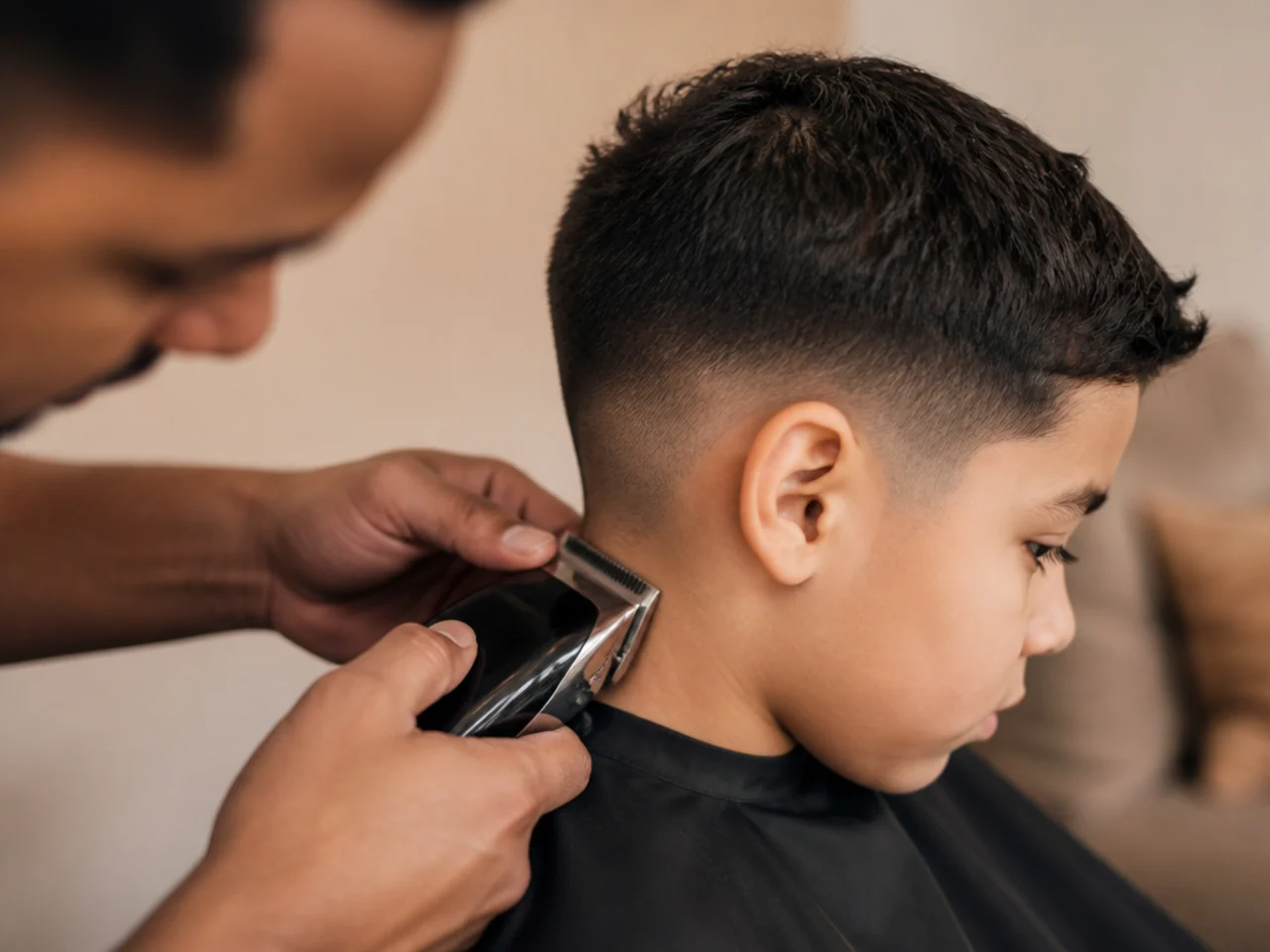 A parent tidying a boy's neckline with clippers at home