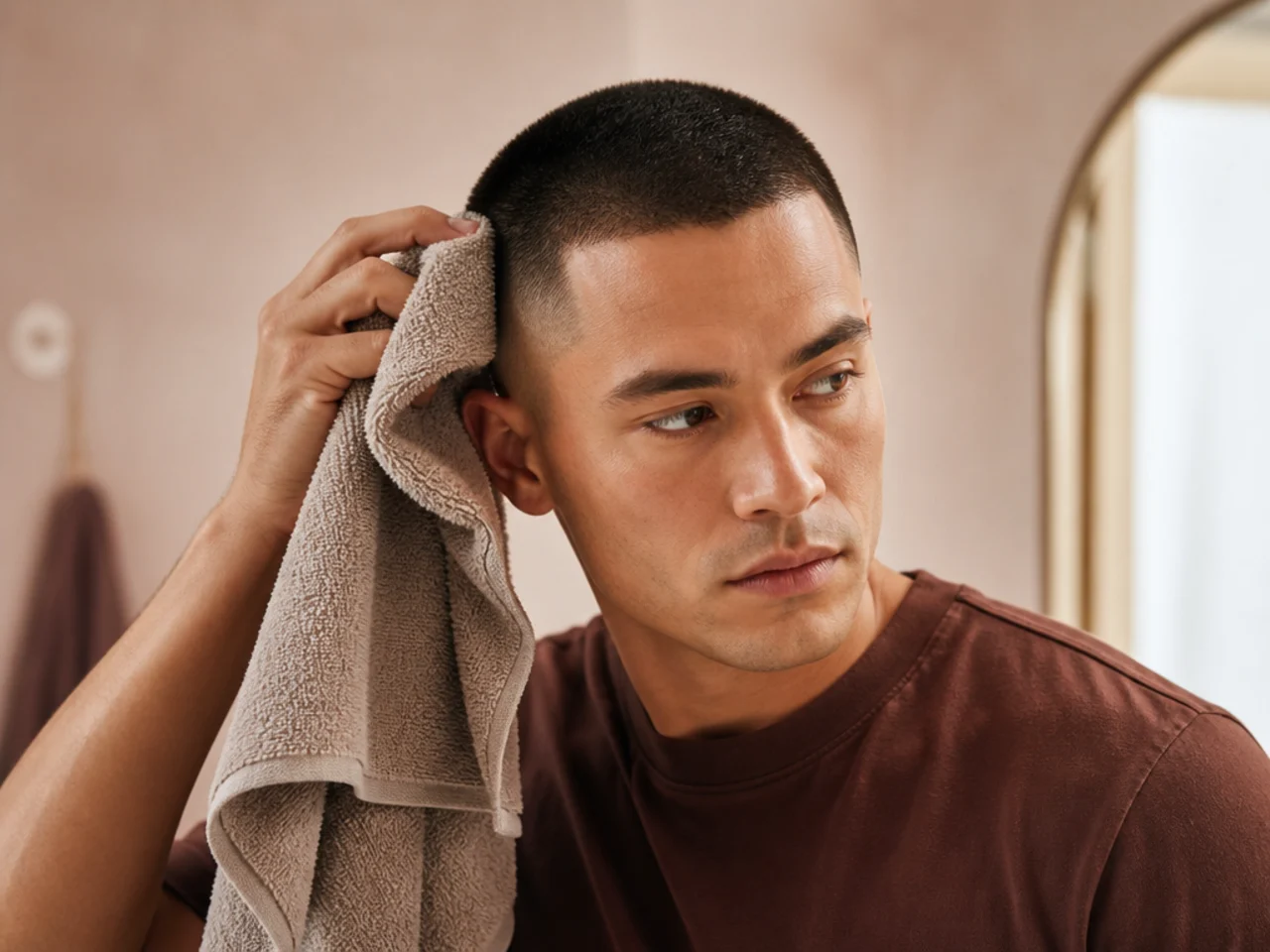 A man towel-drying a very short haircut in seconds
