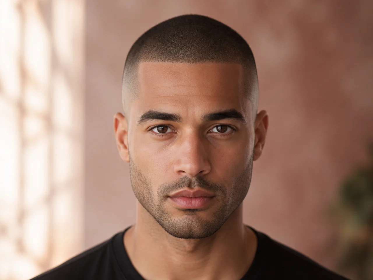 A 3mm buzz cut showing hair reading as a shadow on the scalp