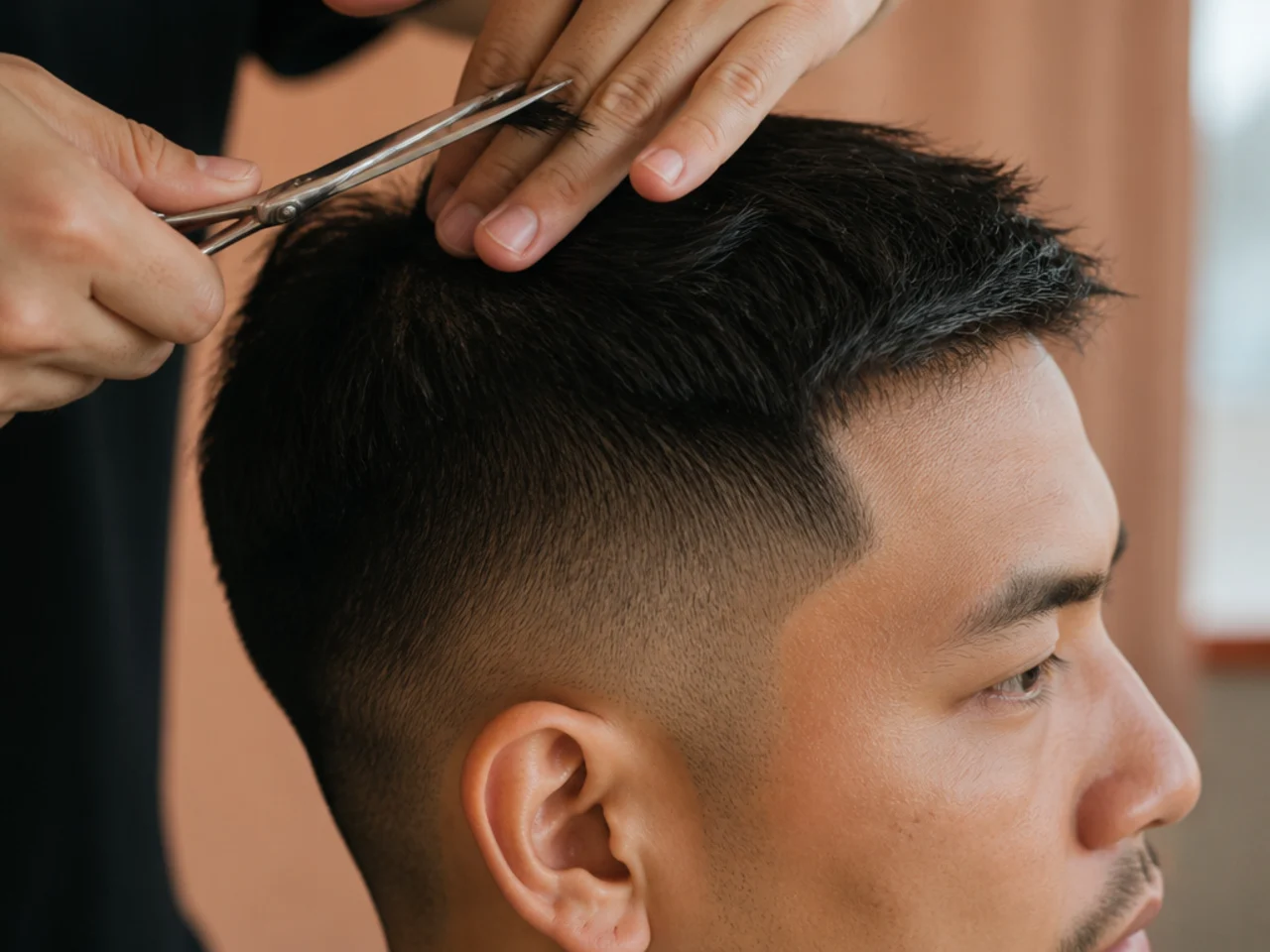 Scissors cutting the top of a short haircut above clipper length
