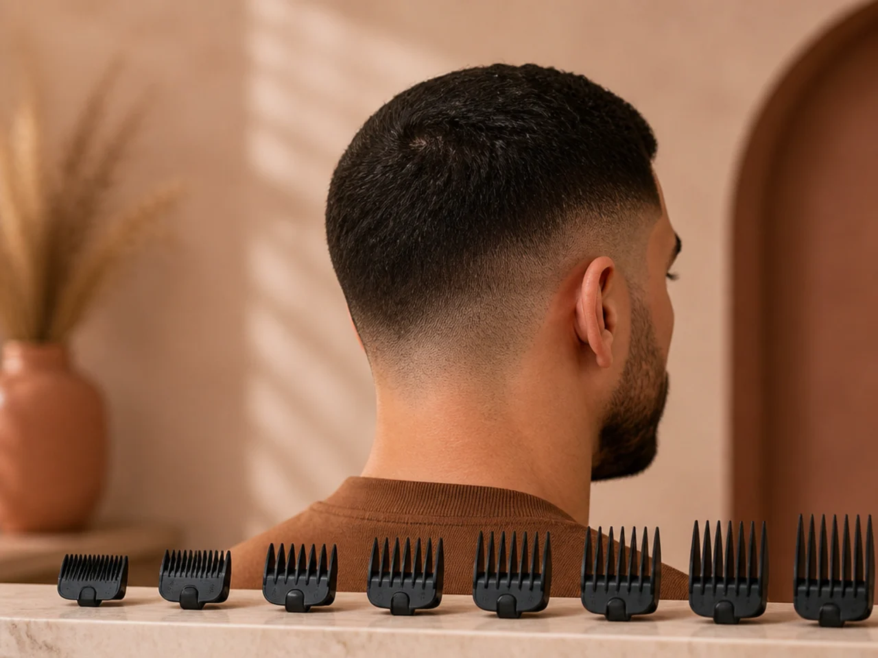 A set of clipper guards arranged from shortest to longest
