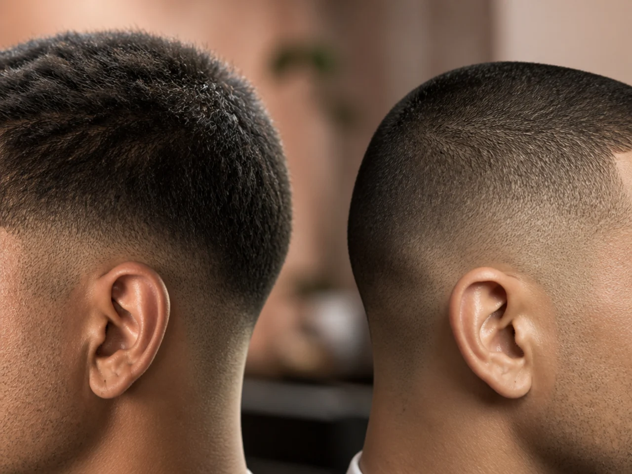 A grown-out buzz cut beside a freshly cut one
