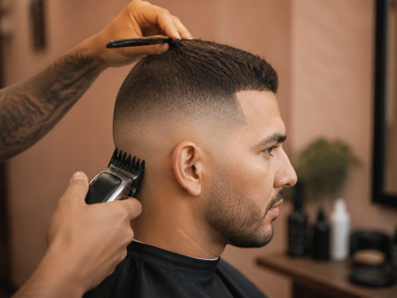 Close view of clipper length being compared against a scissor length on top