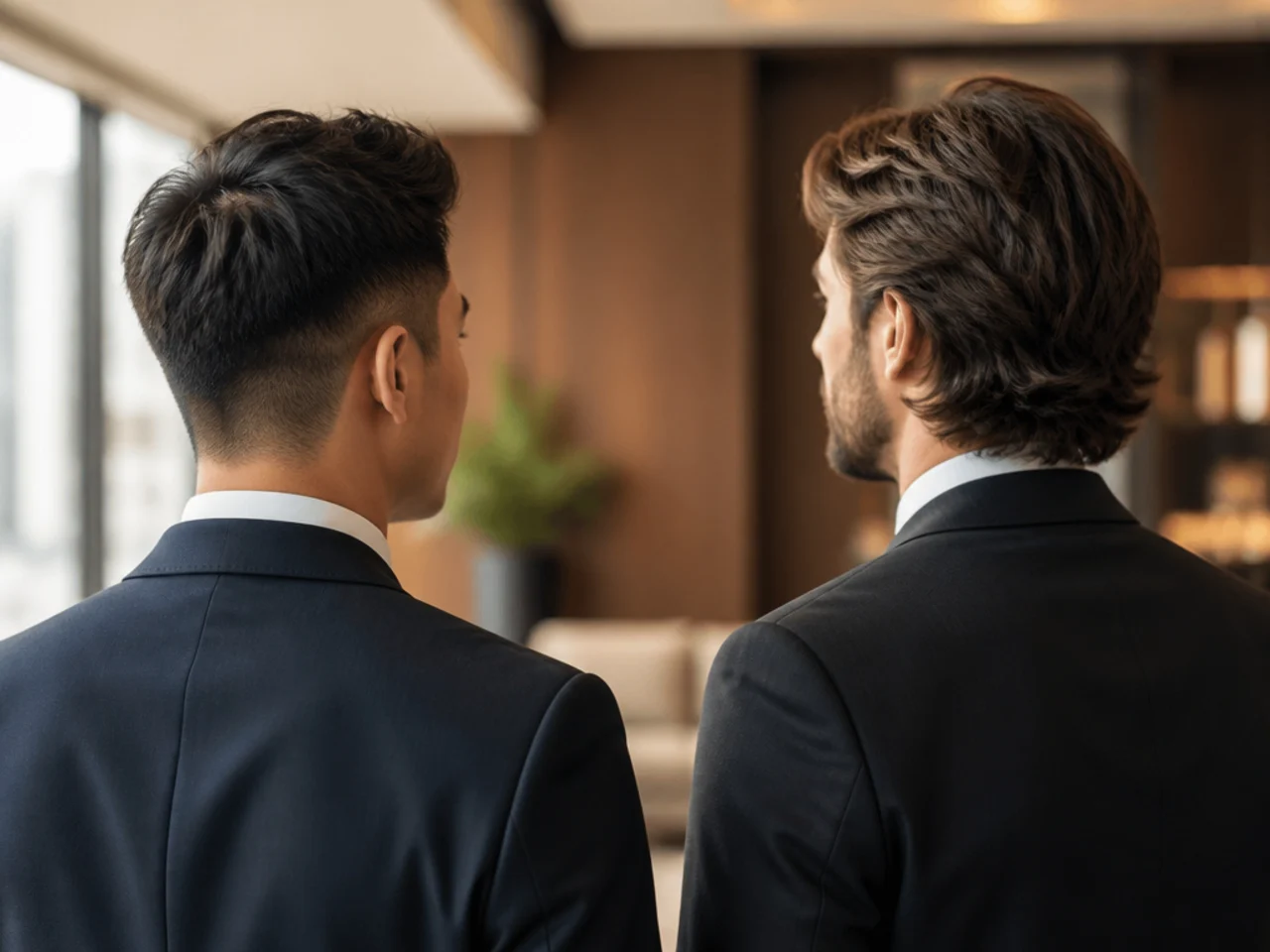 Short and long hair compared in a formal setting