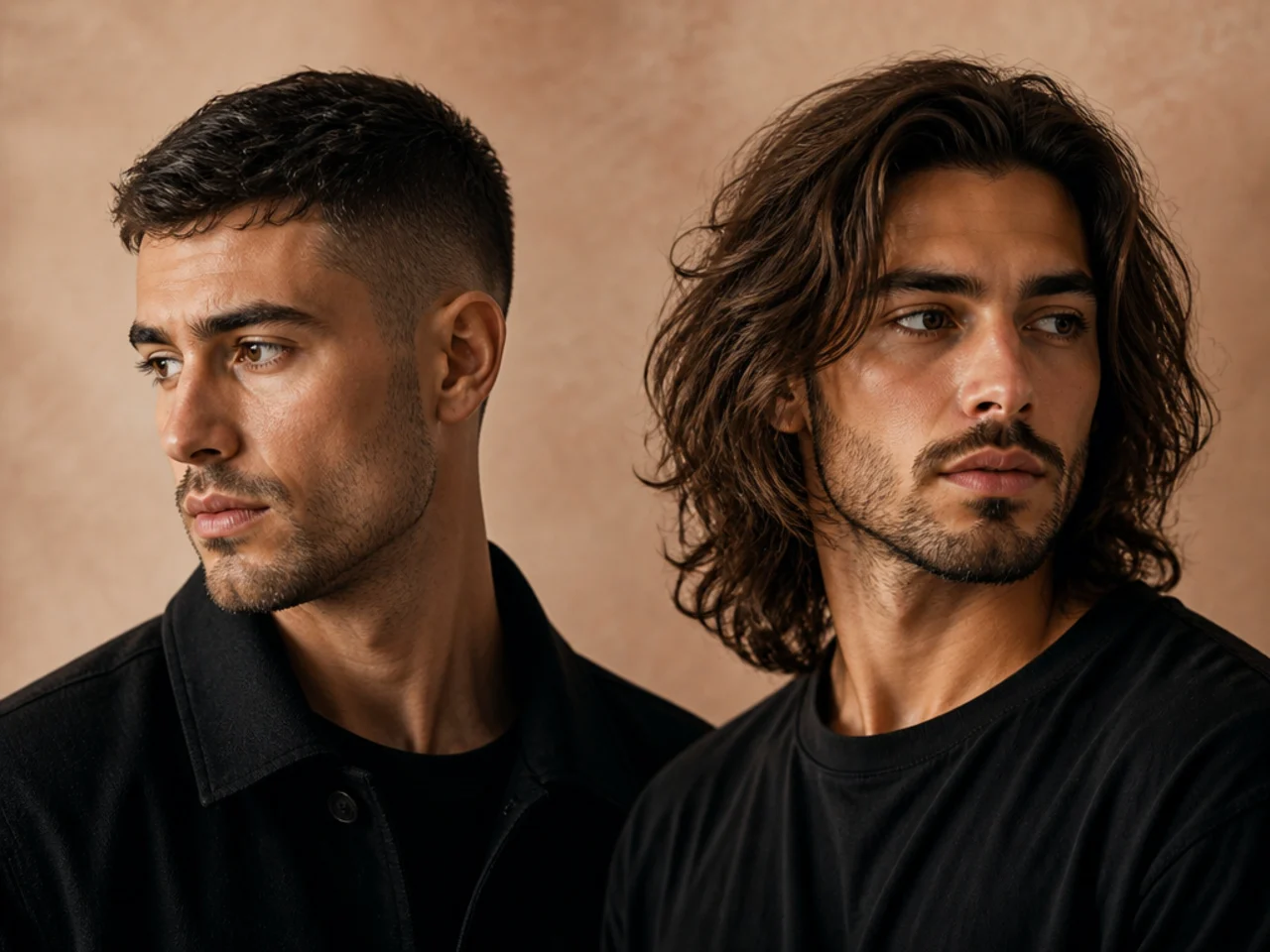Three-quarter views of a short and a long men's haircut