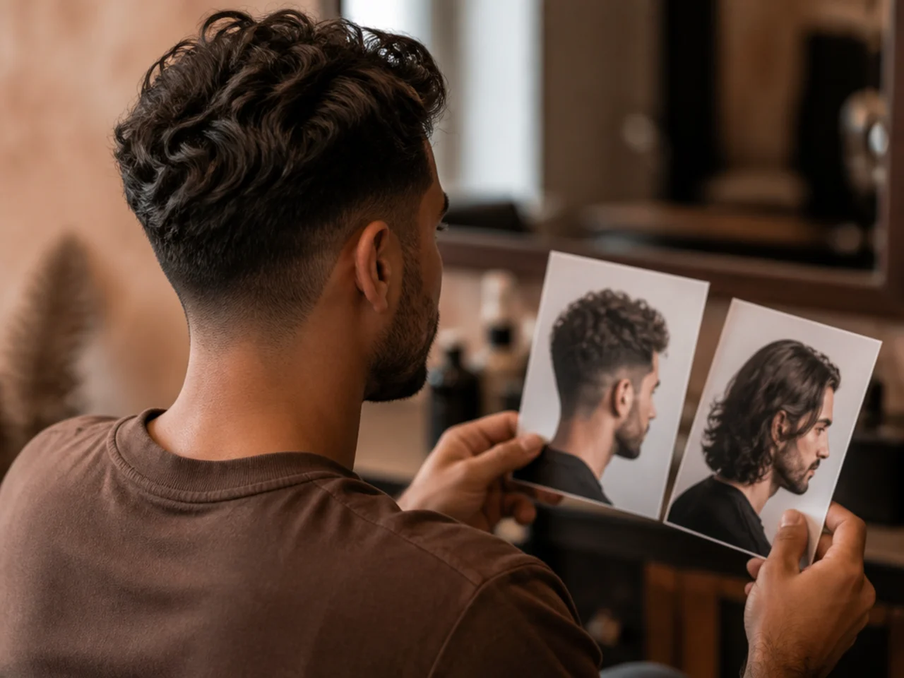 A man weighing up short and long reference photos