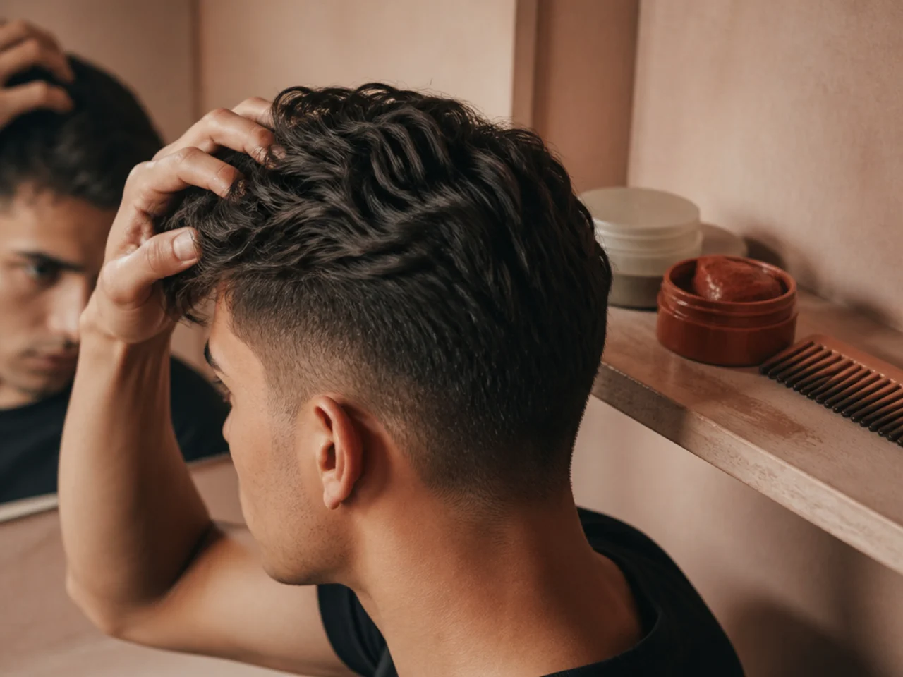Clay and cream on a shelf beside a comb