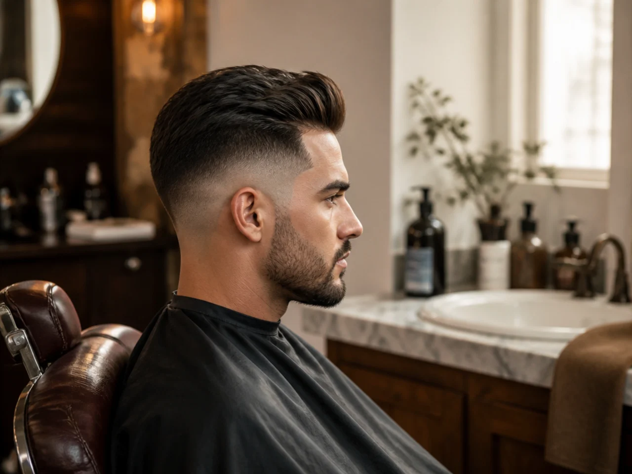 A barber chair and a bathroom counter compared