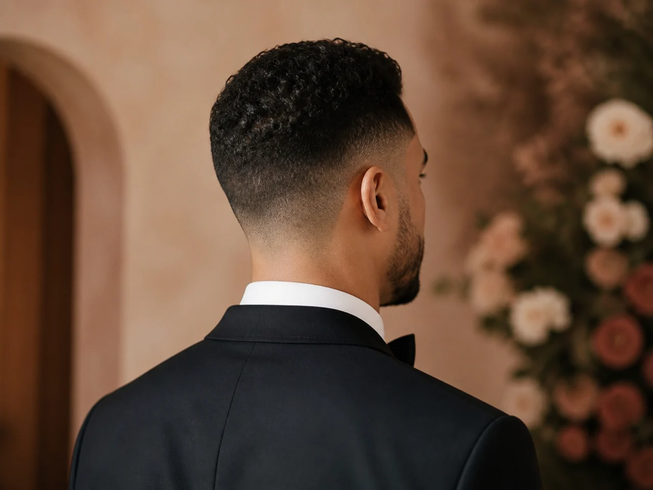 A settled short haircut worn with formal wedding dress
