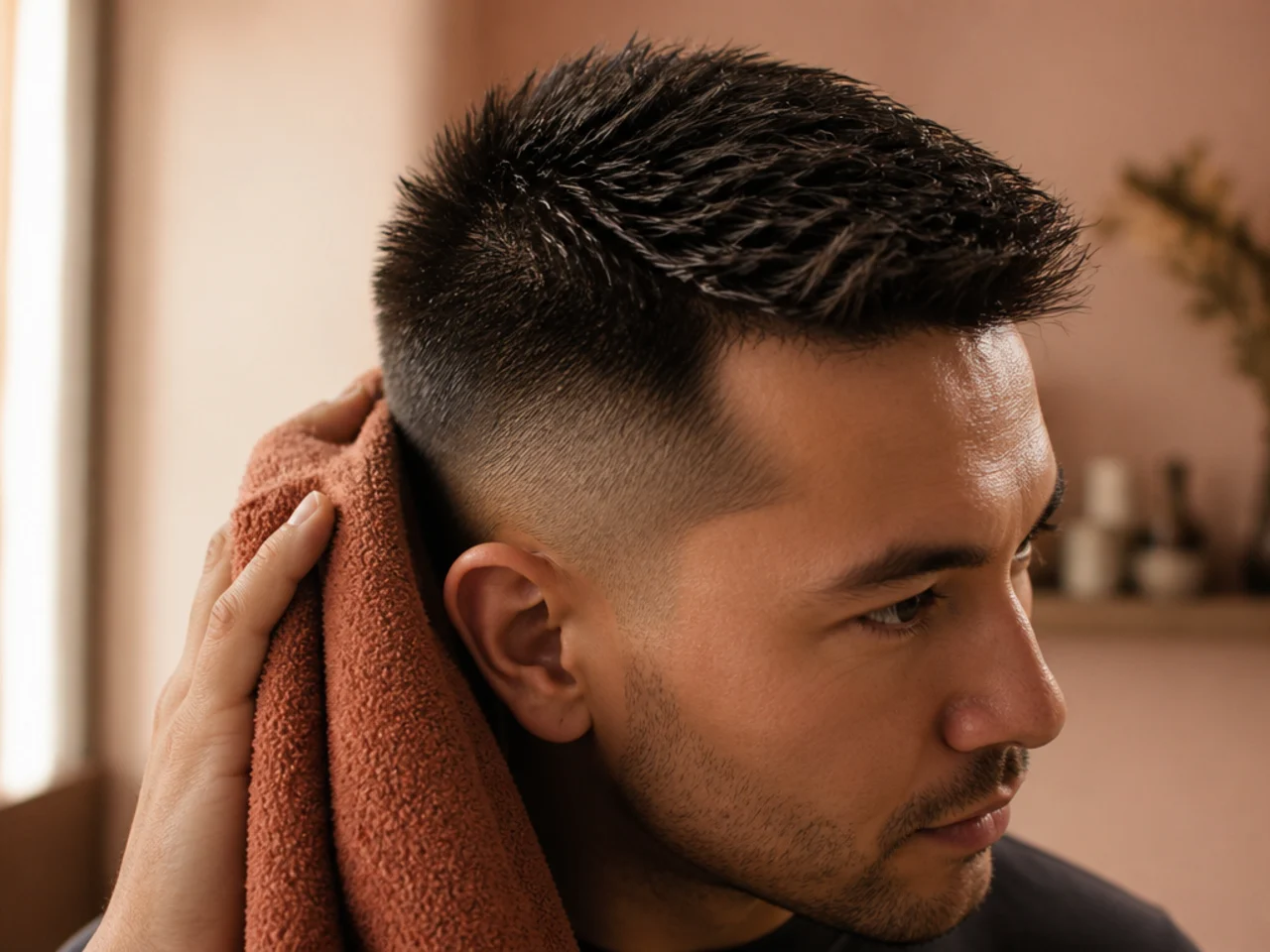 A man finishing a short haircut with a towel and no dryer