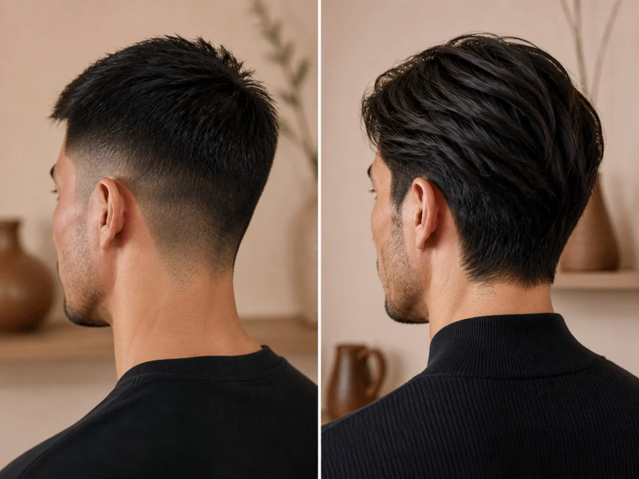 The same straight hair shown at short and at medium length