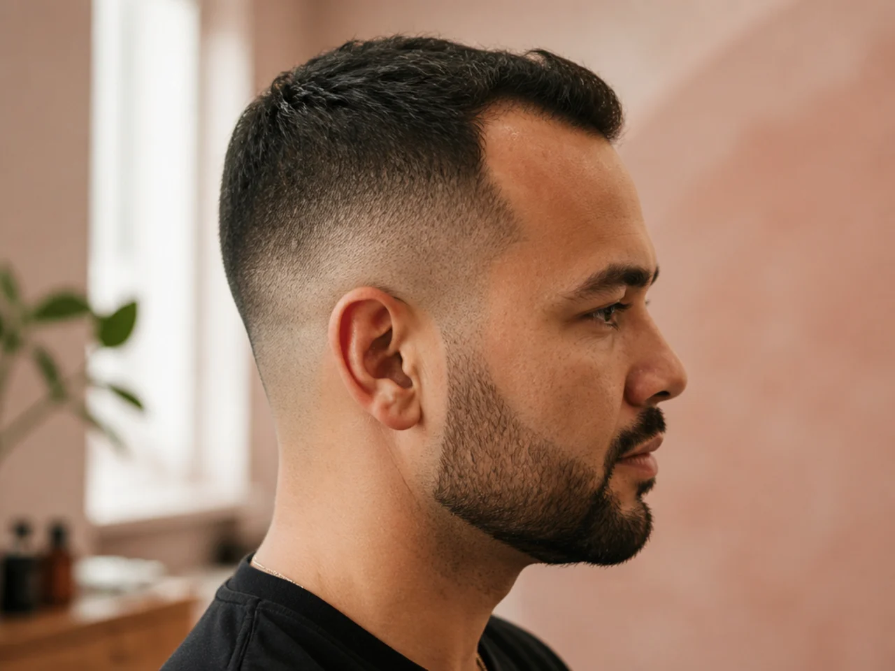 A short haircut worn with a receding corner hairline
