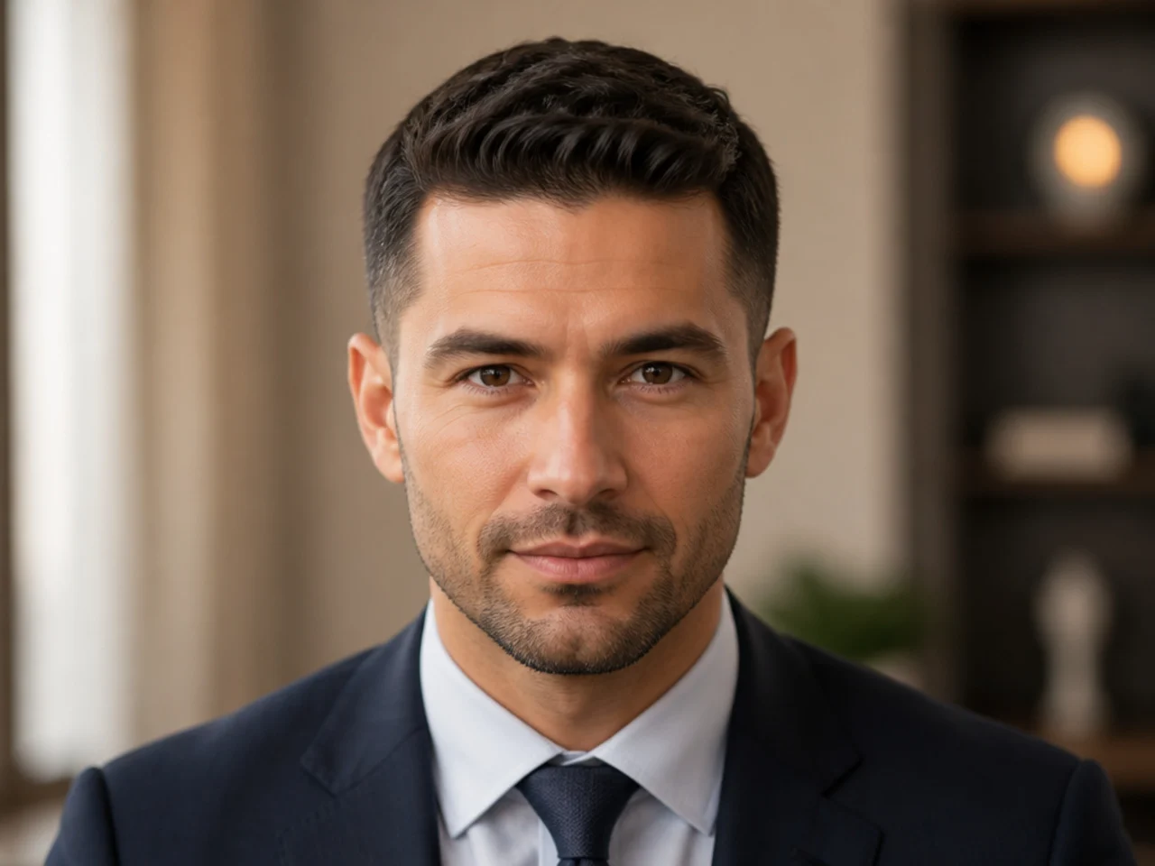 A short professional haircut worn with a suit