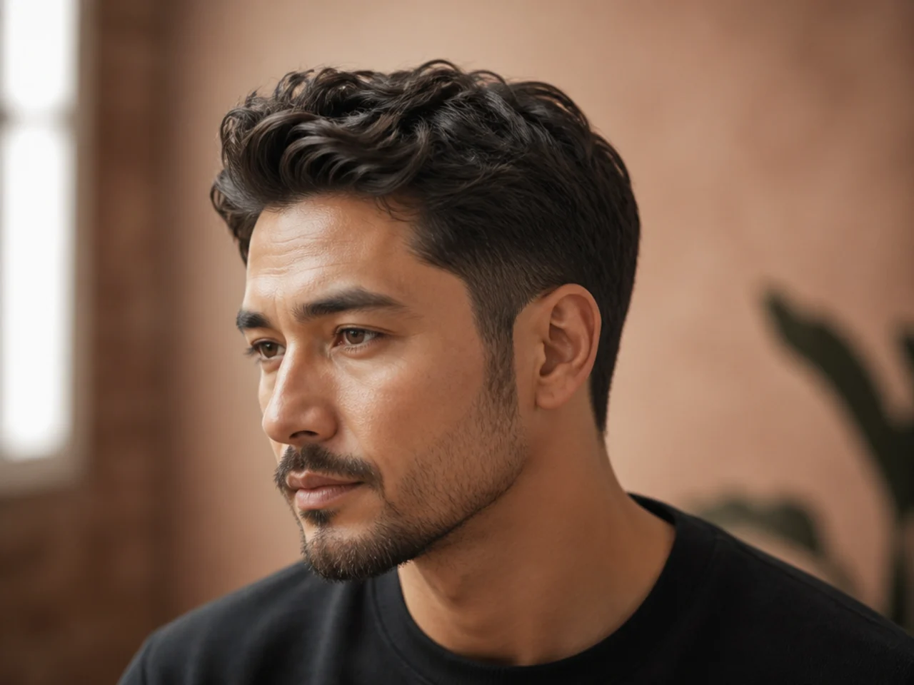 Three-quarter view of a medium-length men's haircut