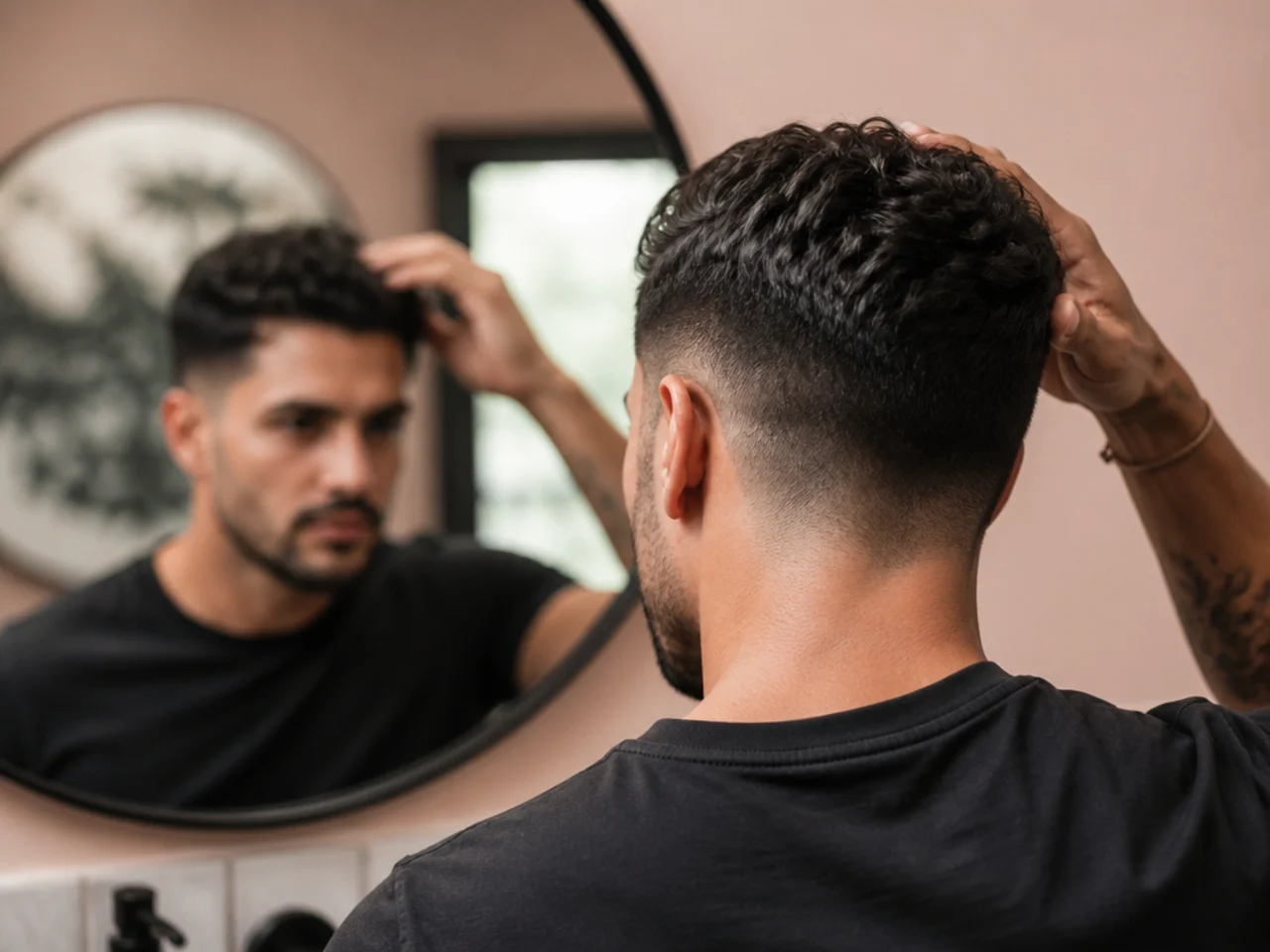 A man assessing his hair length in a bathroom mirror