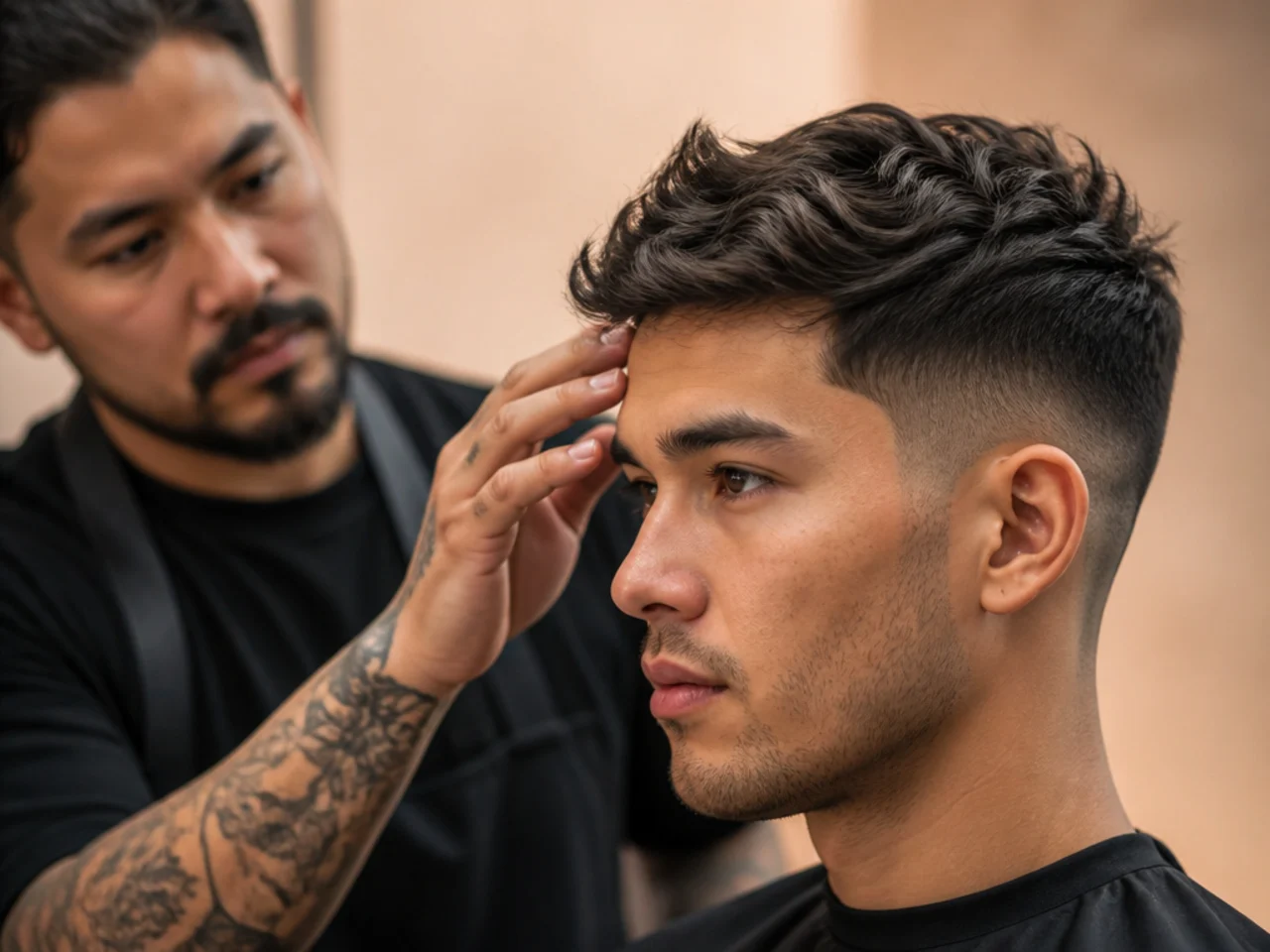 A barber checking the shape of a medium-length men's cut