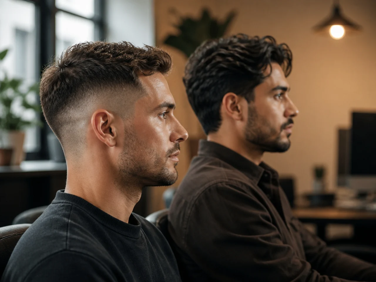 Two men with different hair lengths in the same office setting