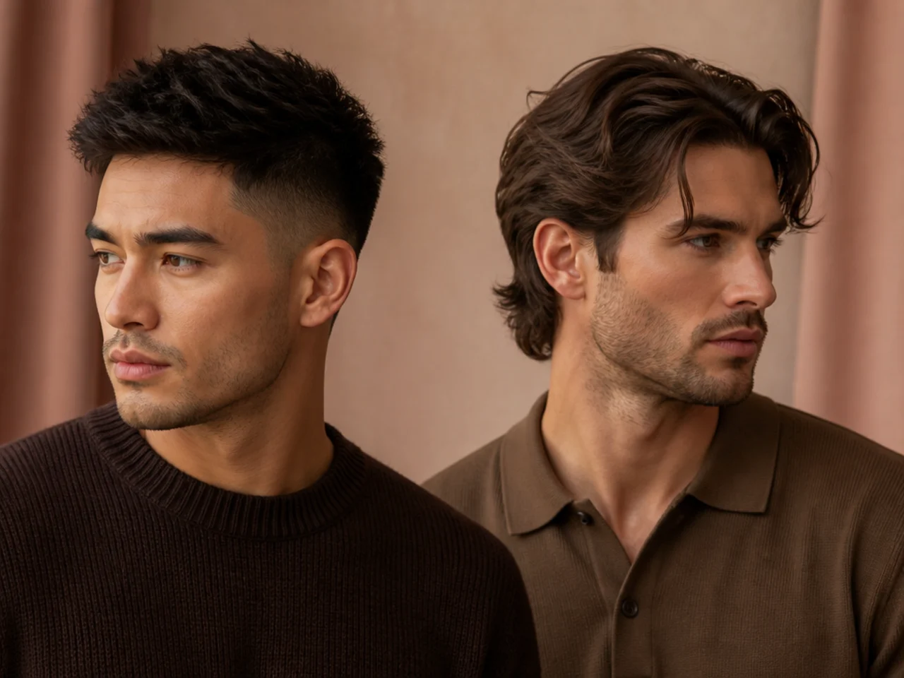 Three-quarter views of a short and a medium haircut