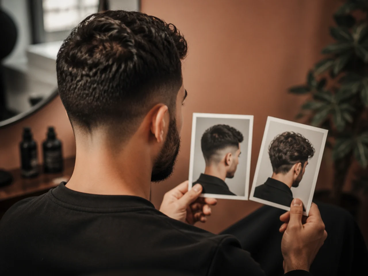 A man comparing short and medium reference photos