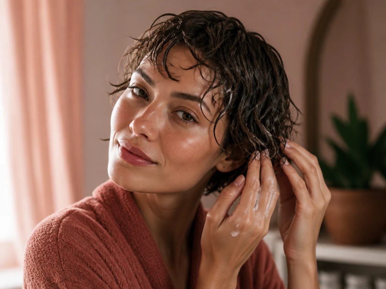 Product applied quickly to short wet hair