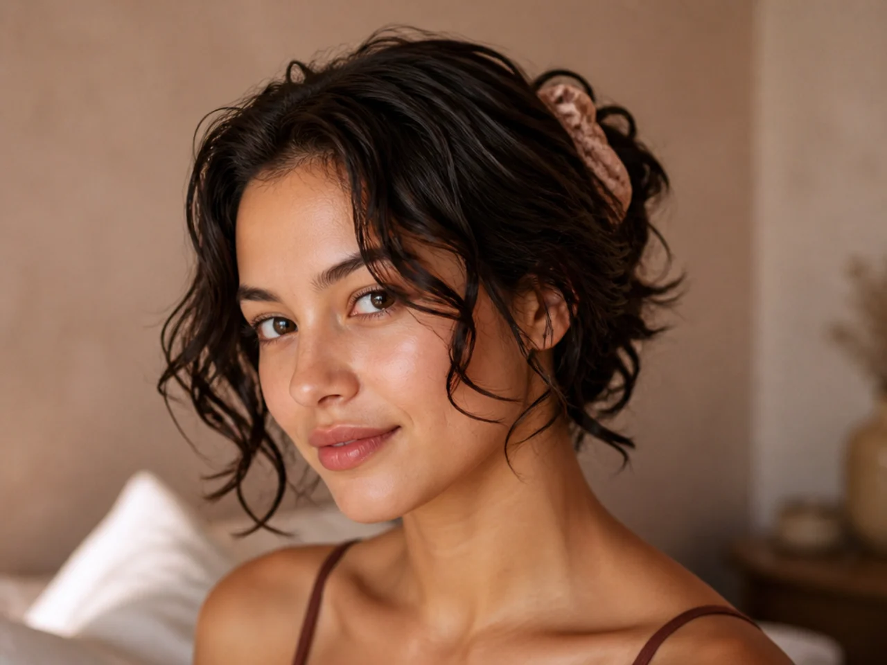 Short wavy hair loosely gathered for sleep
