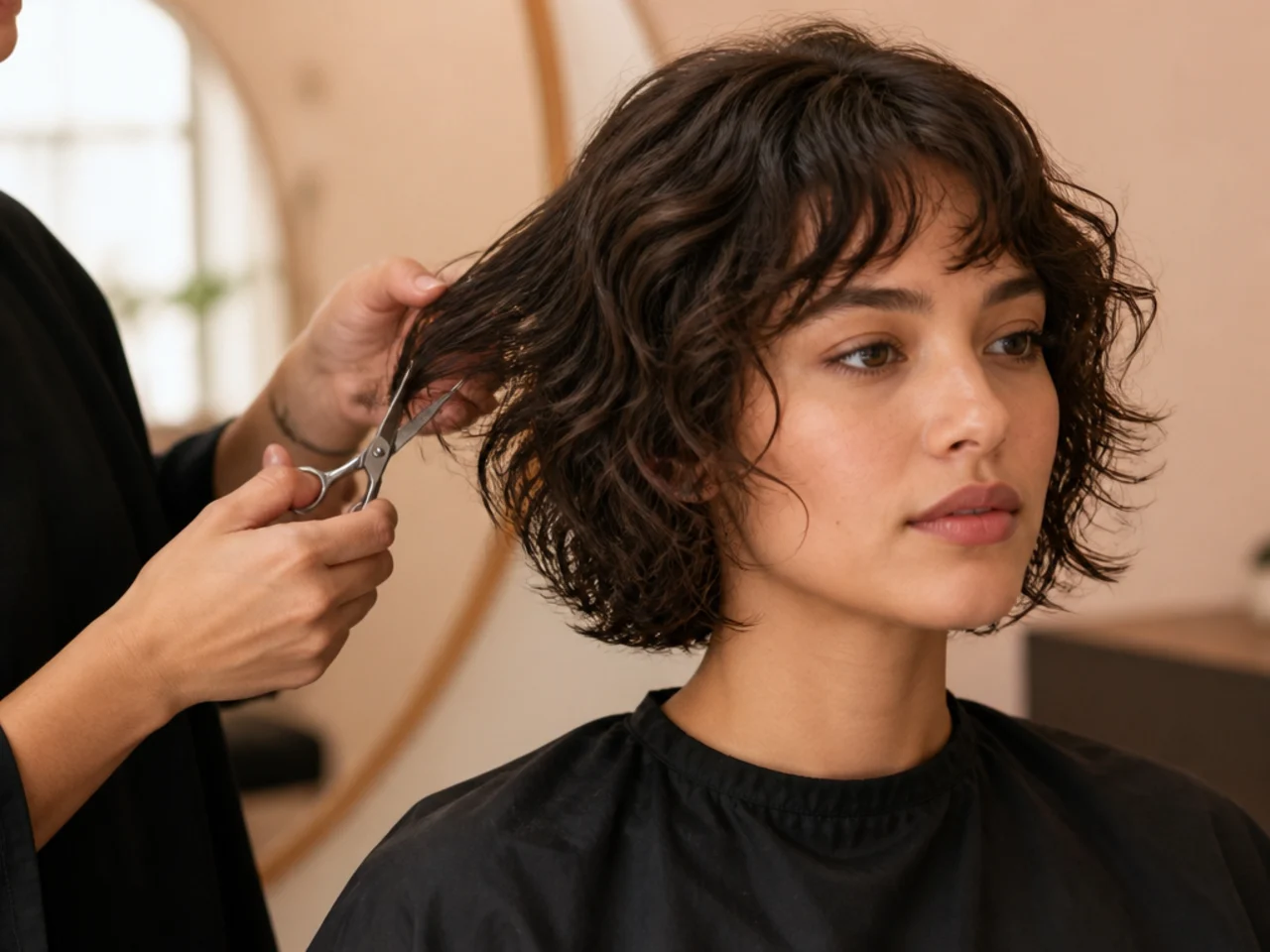A short wavy cut being trimmed