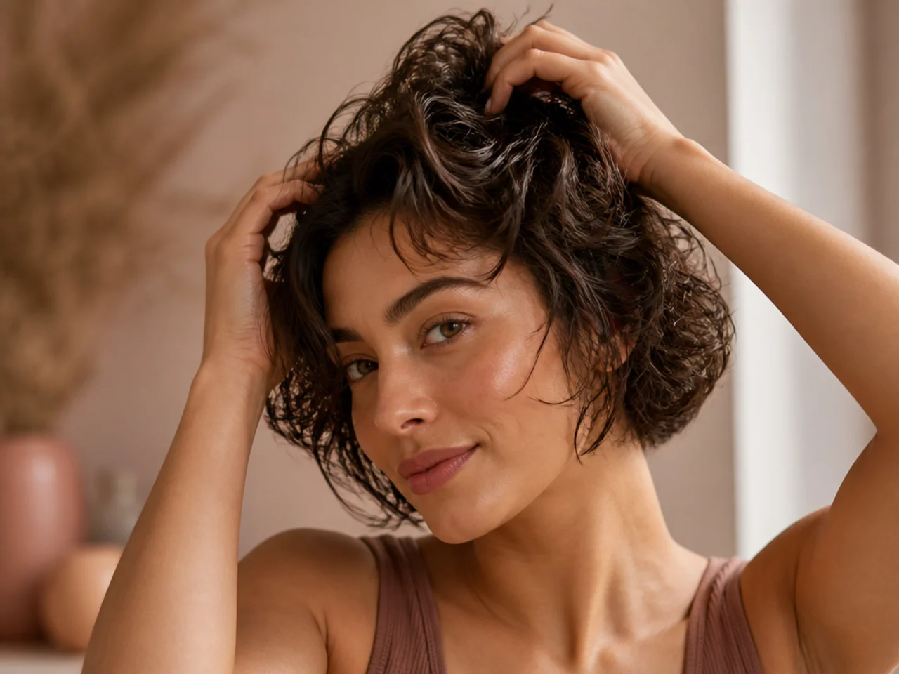Short hair scrunched upward