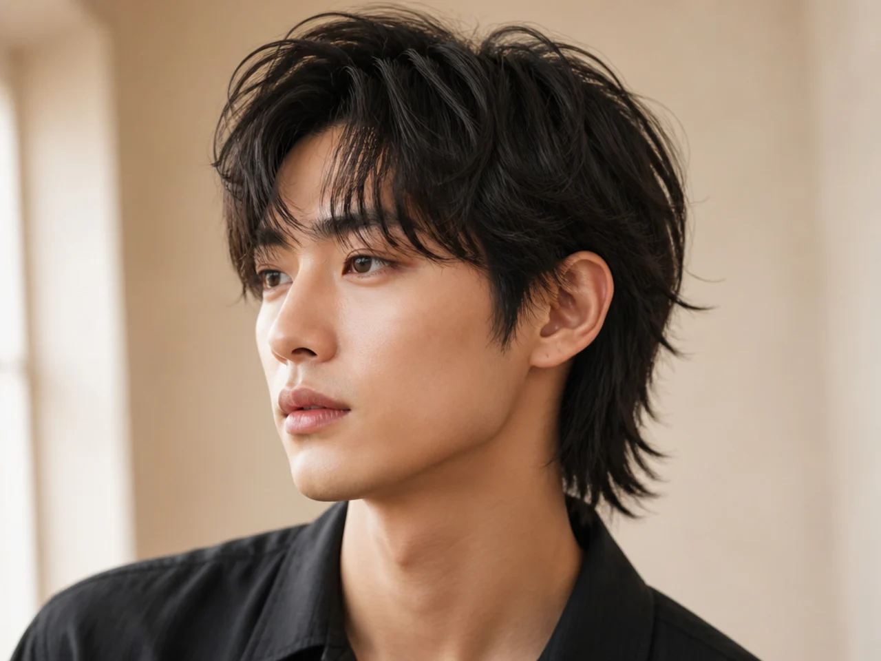 Korean-inspired short wolf cut on a young Asian man with soft layers and forward fringe