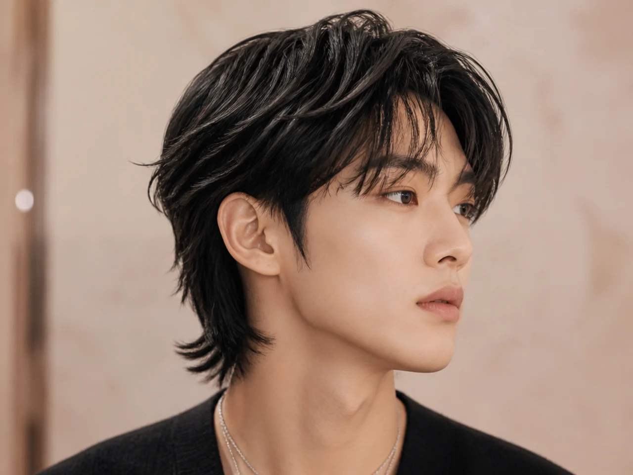 K-pop short wolf cut with two-block silhouette and glossy layered top