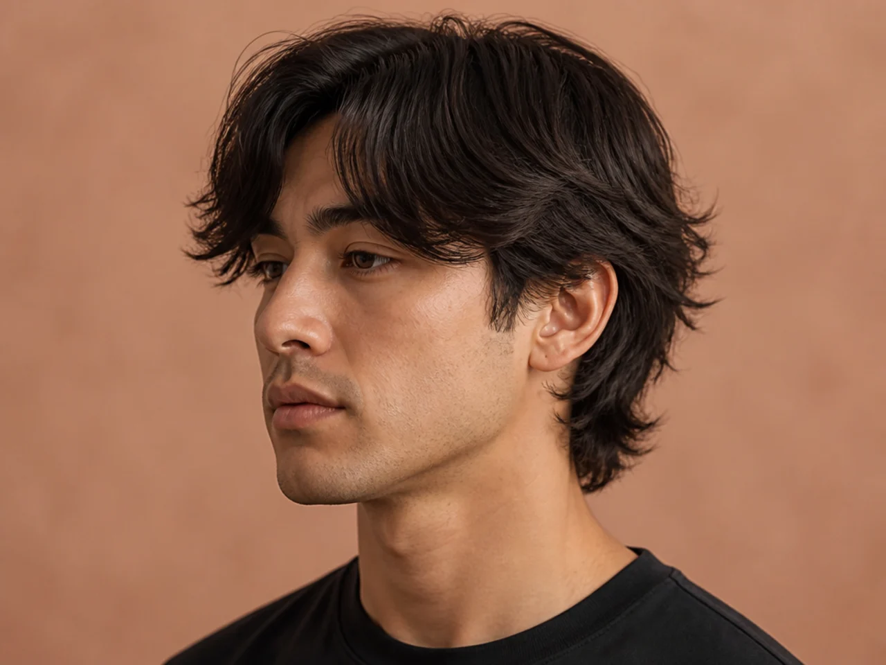 Short wolf cut with curtain fringe parted center over the forehead