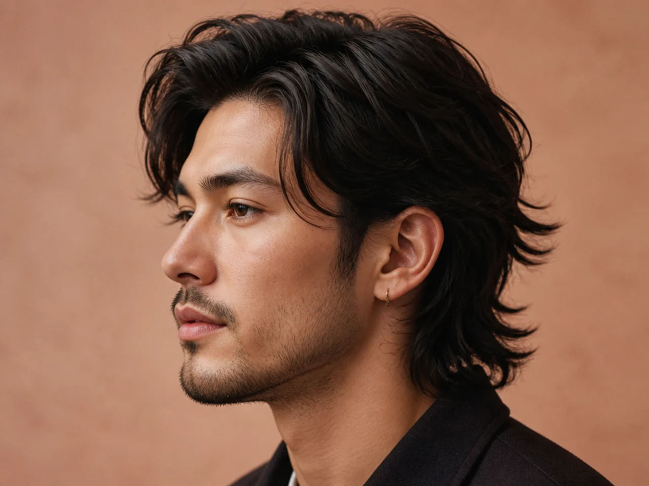 Short wolf cut with defined side part and asymmetric layered top