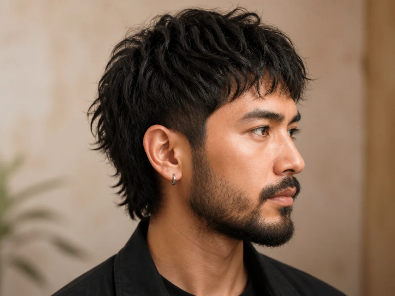 Short wolf cut paired with a full beard on a man in his late twenties