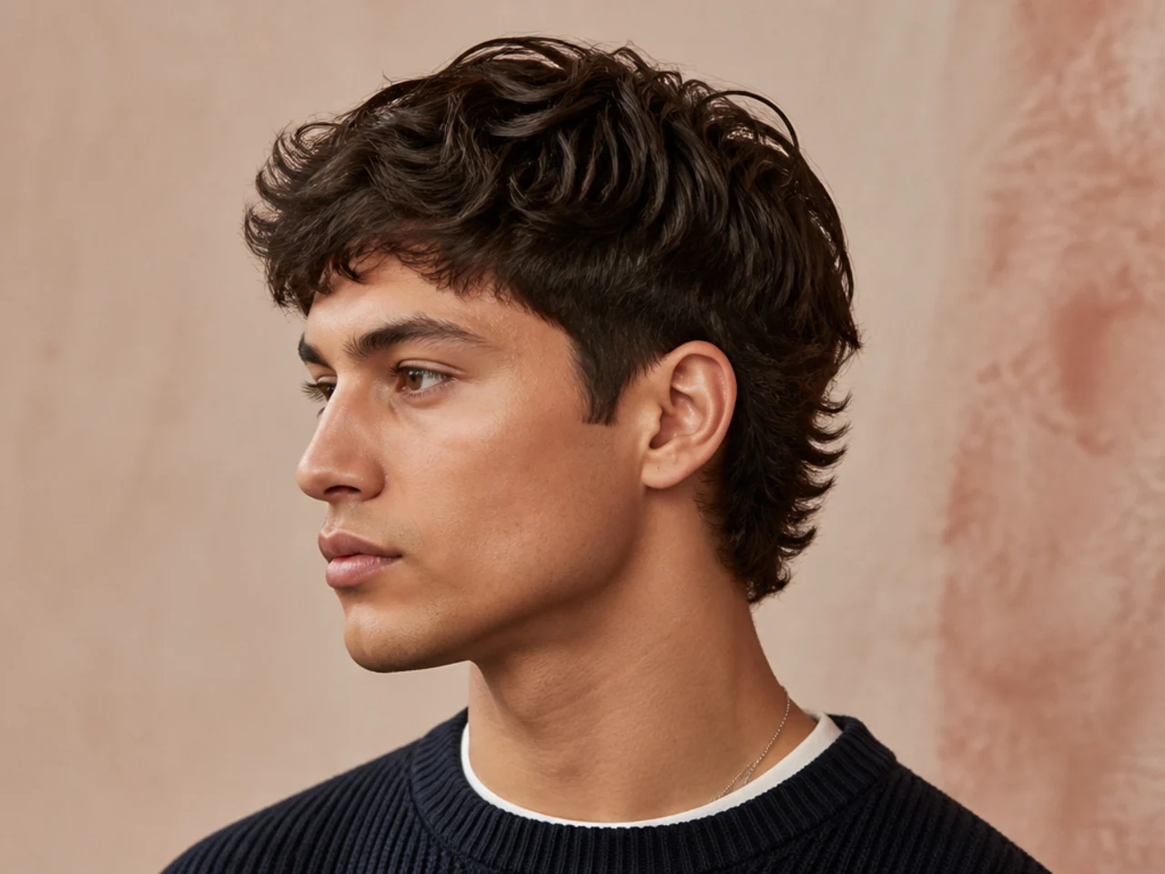 Preppy short wolf cut on a young man with clean blended sides and soft styled top