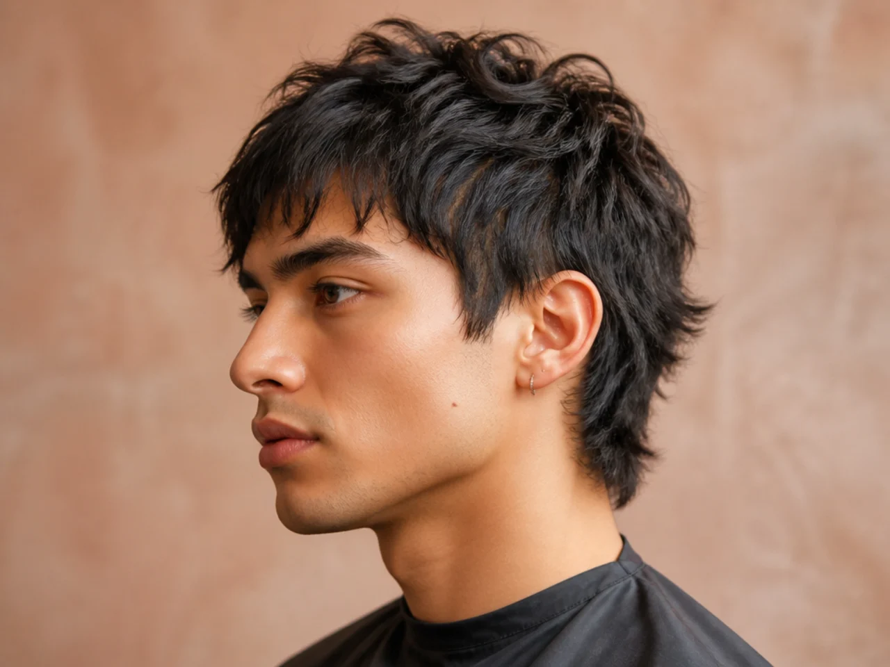 Mini wolf cut on a man with sub-inch cropped top and micro-layered perimeter