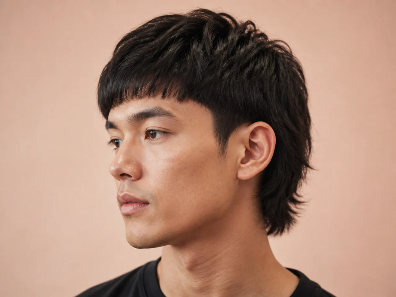 Bowl wolf cut with rounded crown shape blended into wispy nape