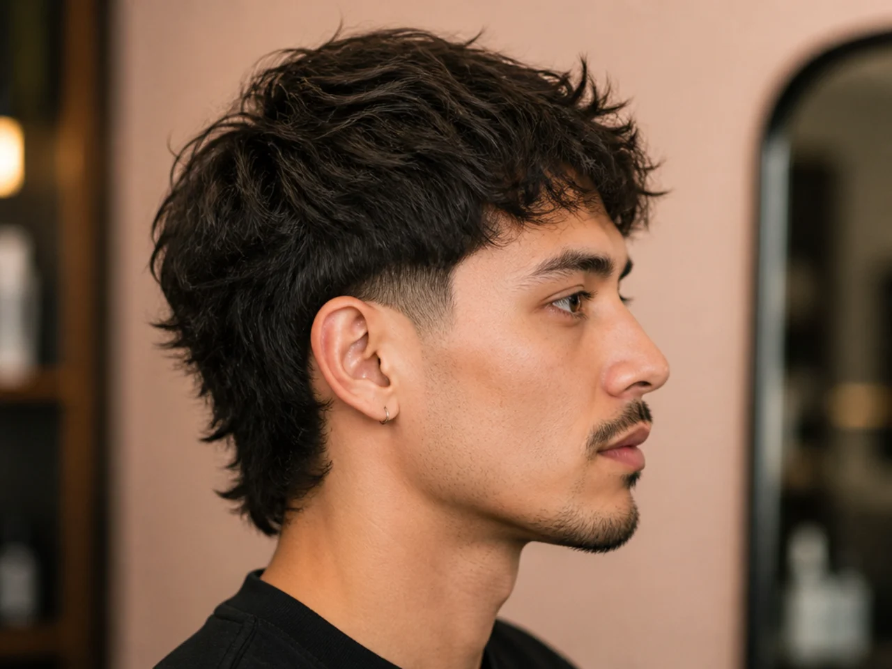 Short wolf cut with low taper fade sitting tight to the ear and layered top