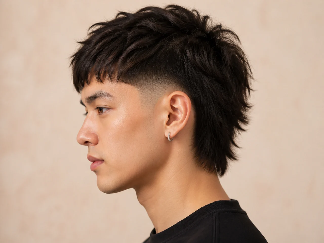 Short wolf with burst fade showing arc around the ear and layered short top